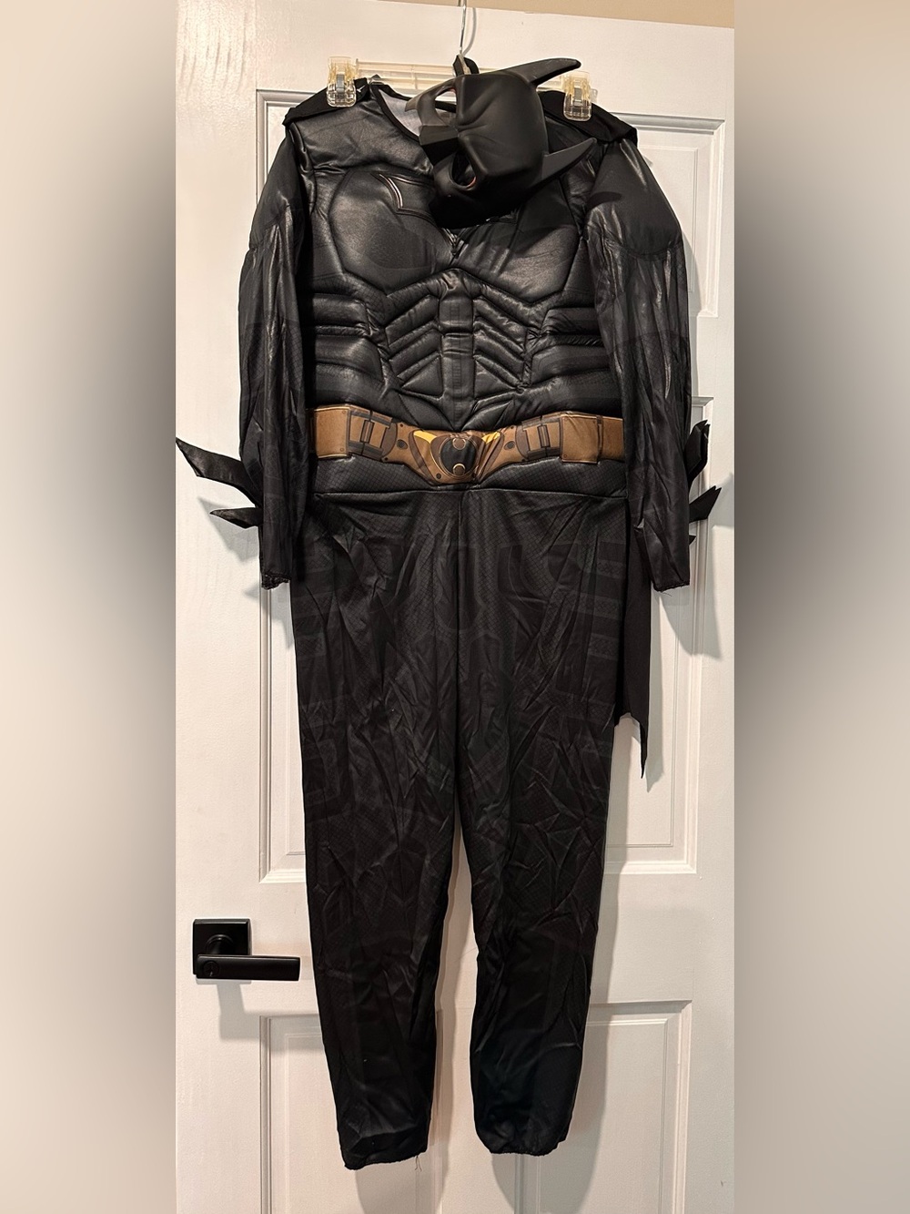 Size Large Batman Black Kids Superhero Costume with Gold Belt Accent